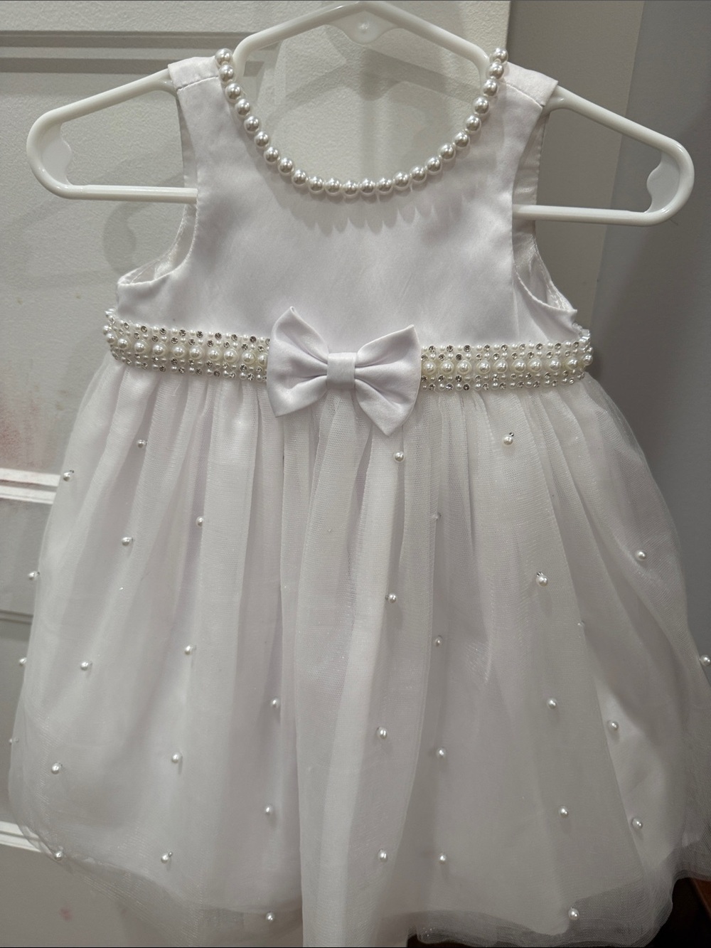 Infants size 3 month formal dress White Pearl-Trimmed with Bow